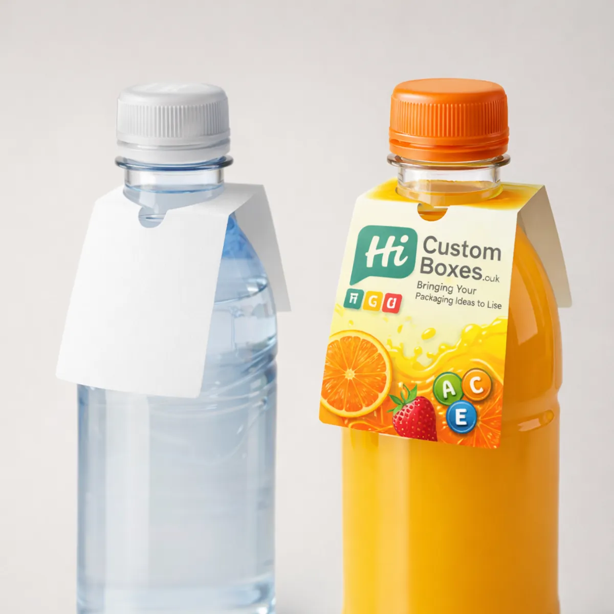 Two plastic bottles, one water and one orange juice, featuring white and printed fold-over neck tags. class=